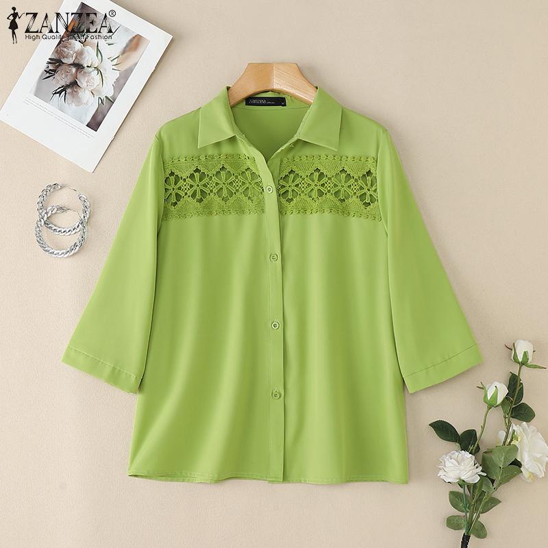 ZANZEA Women Patchwork Hollow Crochet Casual Turn Down Collar 3/4 Sleeve Blouse
