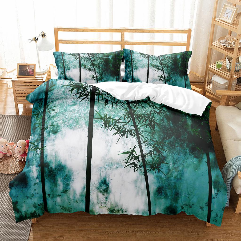 Bambus Dynetrekksett Tusjmaling Svart Grønn Bambus Polyester Dynetrekk King Queen Size For Barn Gutter Jenter Sengetøysett