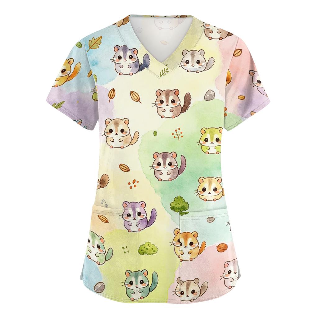 Damen V-Ausschnitt Kurzarm Arbeits-Top mit Taschen Tierprint Medizinisches Kasack-Shirt für medizinisches Fachpersonal Bequeme Passform Strapazierfähiges Gewebe