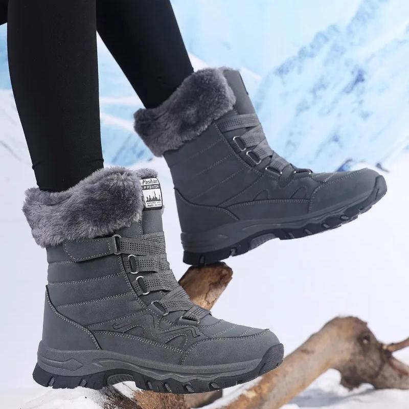 Plush Mid-top Winter Boots Women Warm Cotton Shoes Anti-slip Rubber Sole Outdoor Sneakers Plush Waterproof Ladies Hiking Footwear