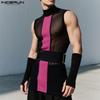INCERUN Men Sleeveless Striped Stitching Mesh Sheer Fitted Tank Tops with Oversleeve
