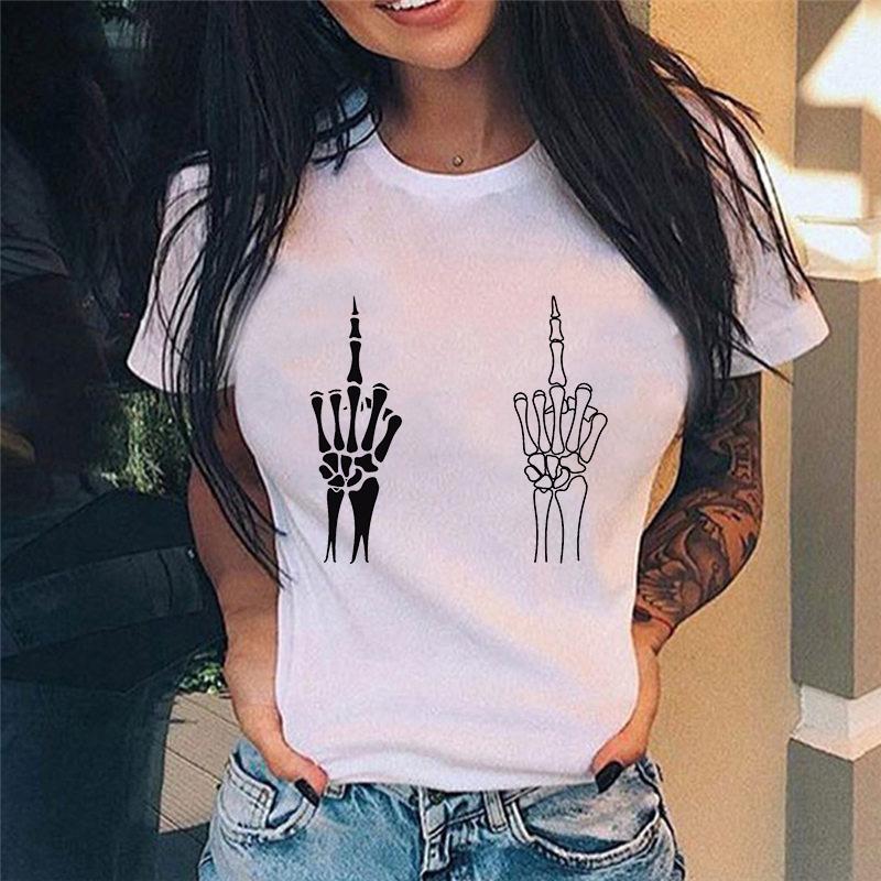 Summer Tshirt Women New Fashion Middle Finger Chest Graphic Printed Round Neck T Shirt Casual Simple Women Tee Tops Female