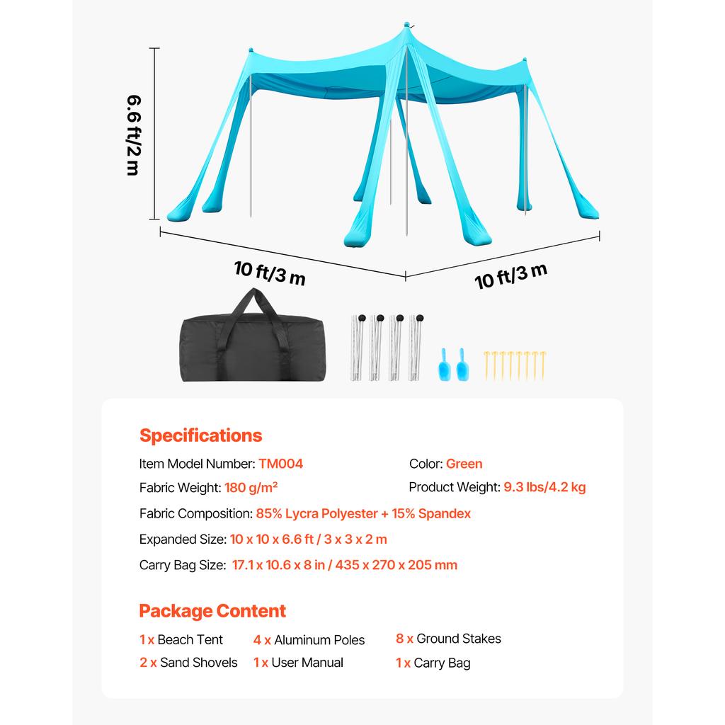SucceBuy Beach Tent Sun Shelter Easy Pop Up Beach Canopy with Sandbags Stability Poles Sand Shovels Portable Shade for Camping