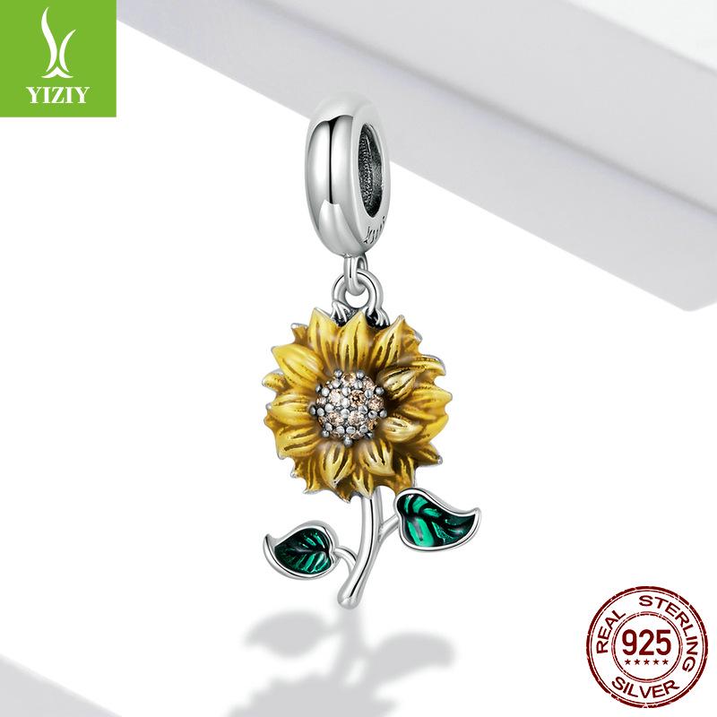 Sunflower S925 Silver Bracelet Pendant, Shining Sunflower DIY Beaded Accessories SCC2079