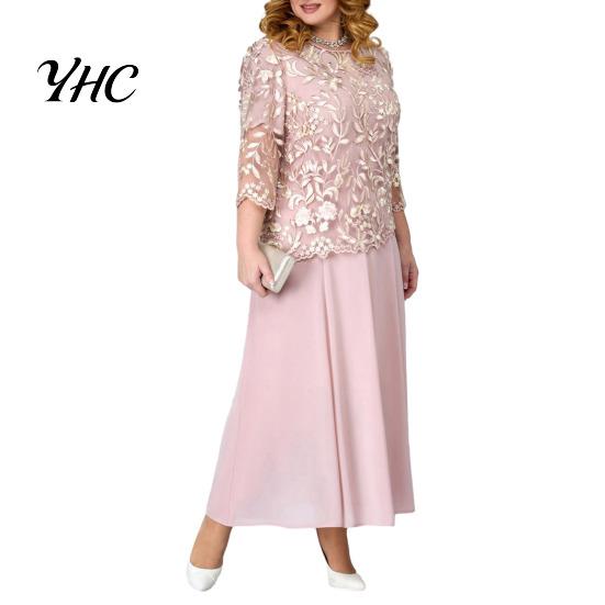 Women Maxi Dress Flower Embroidery See-through Lace Three Quarter Sleeve O Neck Fake Two-piece Loose Solid Color Plus Size Elegant Comfortable