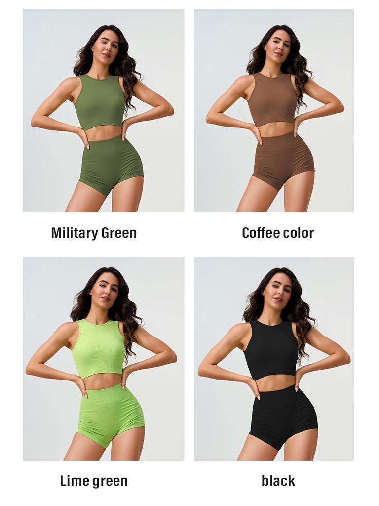 Women's High Waist Ruched Yoga Pants Set - Quick Dry, Ribbed, Solid Color Fitness Sportswear