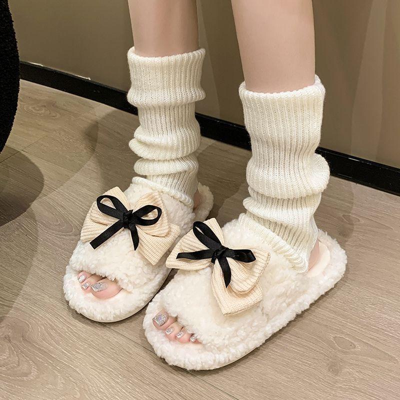 Enhanced Cotton Drag High-end Sense High-value Fluffy Slippers Women Wear Autumn and Winter New Bow Thick Bottom