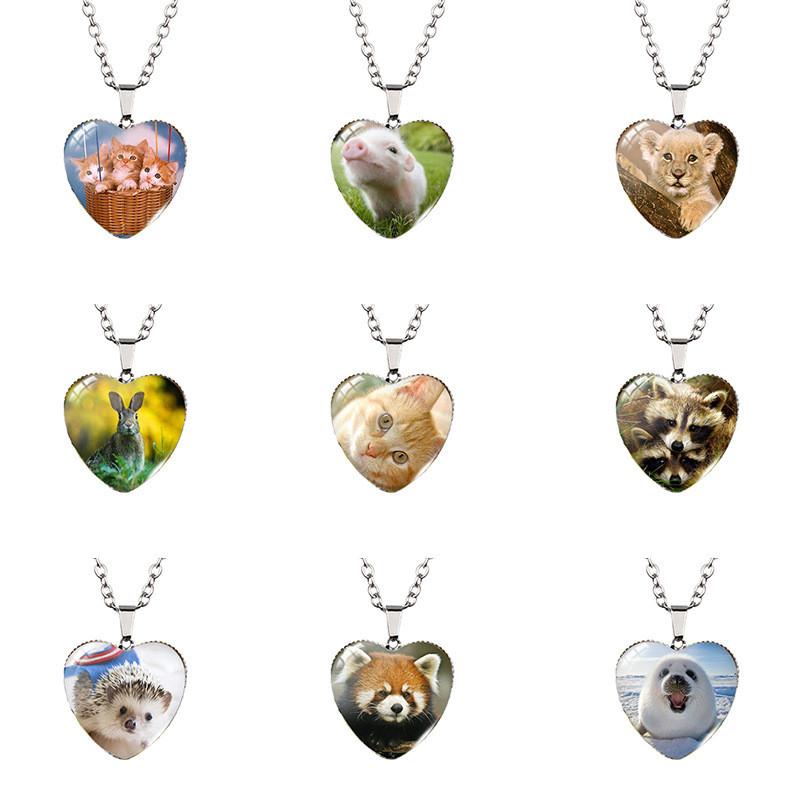 Adorable Heart Shaped Animal Time Gemstone Necklace With Charming Cat Pendant For Women