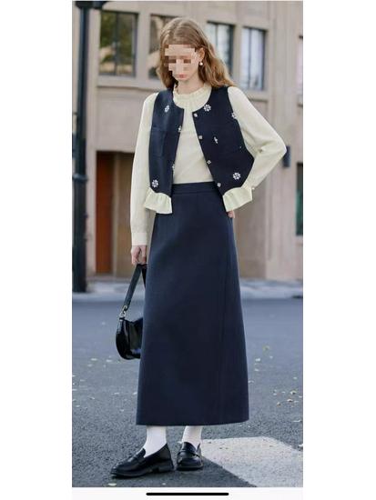 

Spring & Autumn Women s Embroidered Y-Neck Vest and Mid-length Skirt Set M