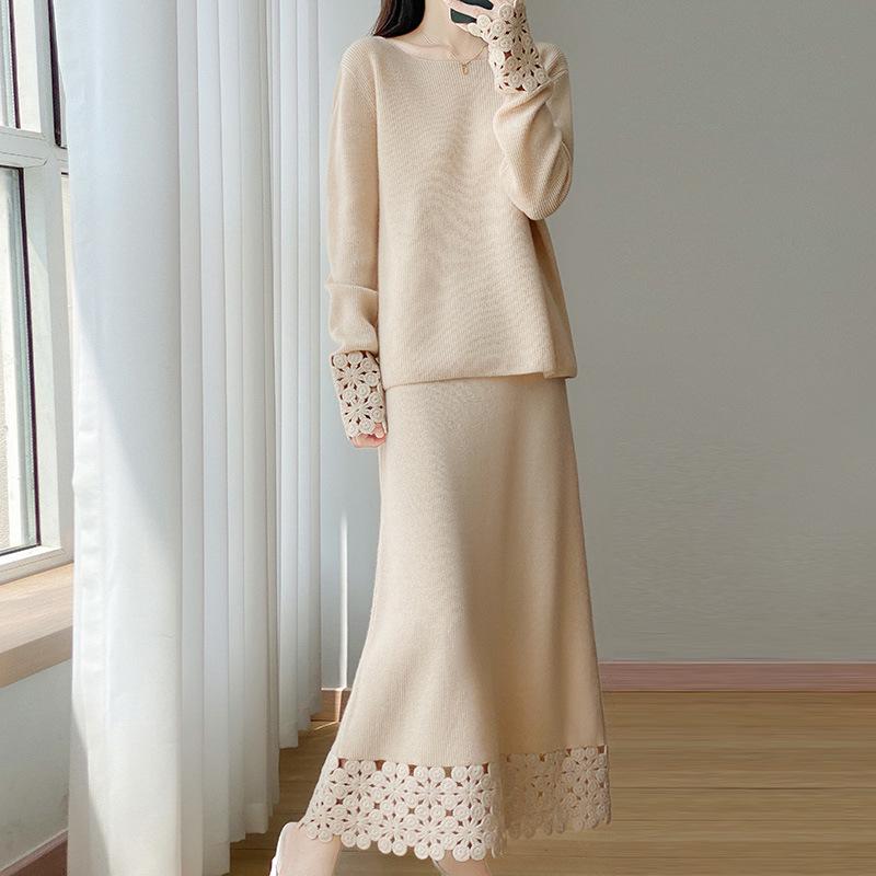 2025 Winter One-Shoulder Wool Sweater: Women's Loose Hollow Crochet Top & Gentle Style Two-Piece Set