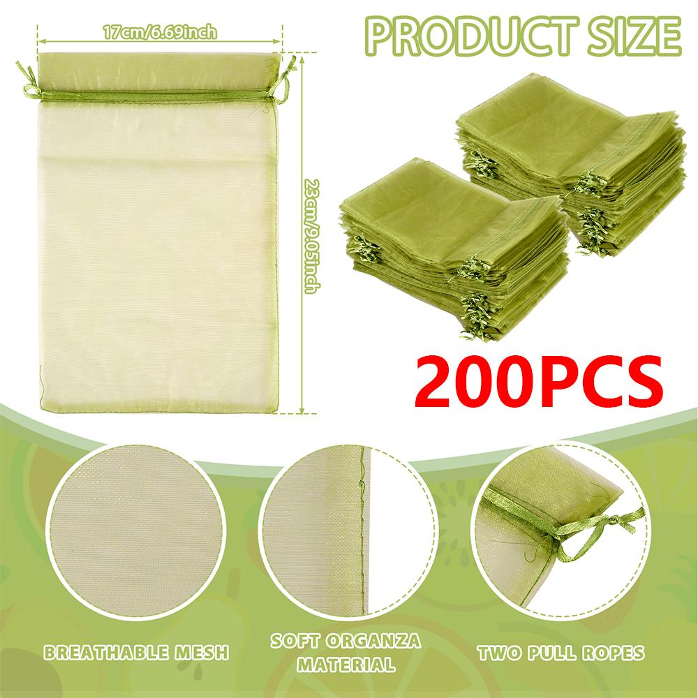 100/200Pcs Fruit Protection Bags Fine Mesh Organza Plant Grow Bags with Drawstring Garden Anti-Bird Netting Mesh Bag Garden Tool