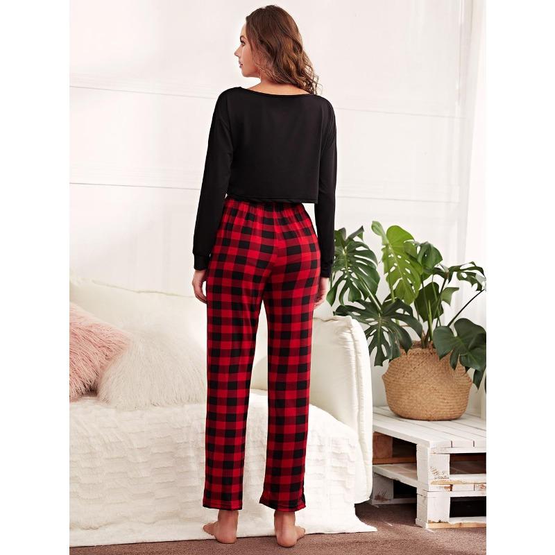 Pyjama-Set für Damen Langarm Zweiteiliger Pyjama Damen Lässig Sportlich High-Waist Oberteil Karierte Hose Mode Schlichte Nachtwäsche