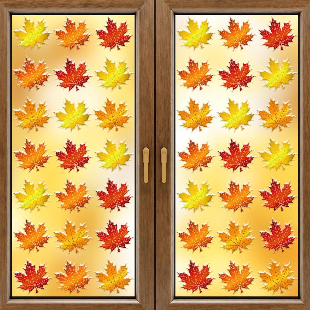 2 Sheet 64 Pcs Thanksgiving Gel Window Clings Fall Thick Gel Cling Removable Reble Autumn Harvest Window Sticker Pumpkin Maple Leaves Gnome Decal for