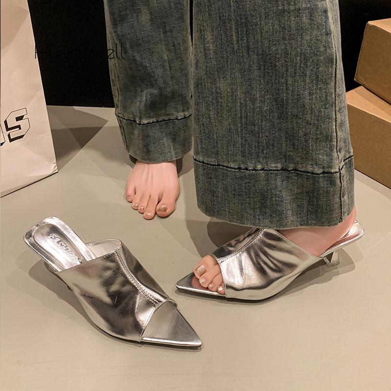 Fashion Luxury Gold Silver Pointed Peep Toe Slide Slippers Woman Thin Low Heel Prom Party Pump Shoes Ladies Patent Leather Designer Mule