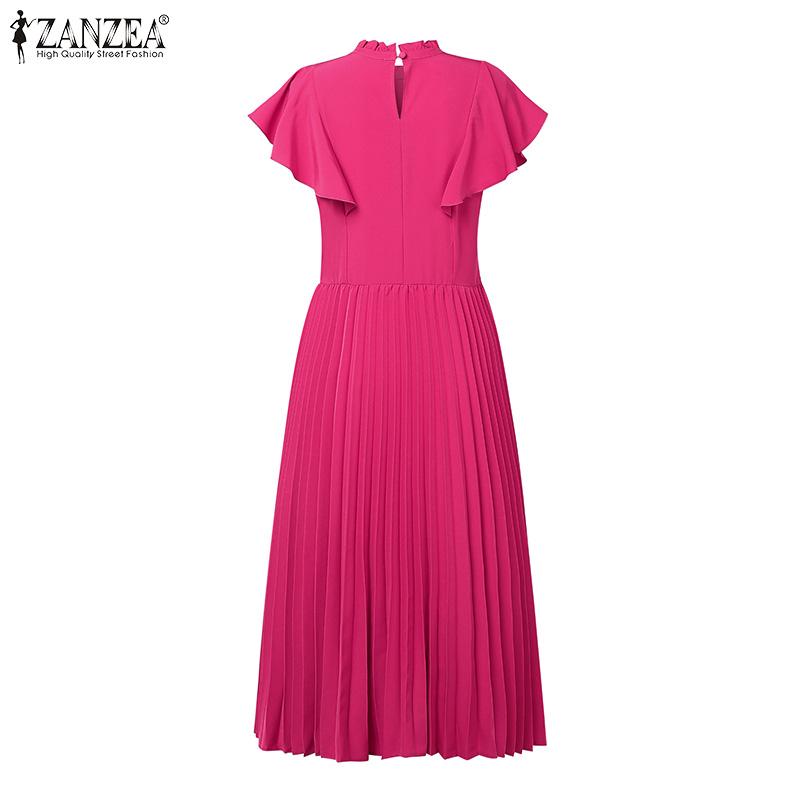 ZANZEA Women Elegant Casual Round Neck Sleeveless Pleated Dress