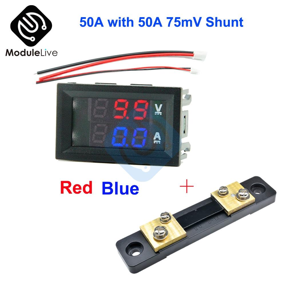 DC 100V 50A Voltmeter Ammeter Blue+Red LED Amp Dual Digital Volt Amp Meter Gauge+50A75mV FL-2 50A Shunt Voltmeter Car Module