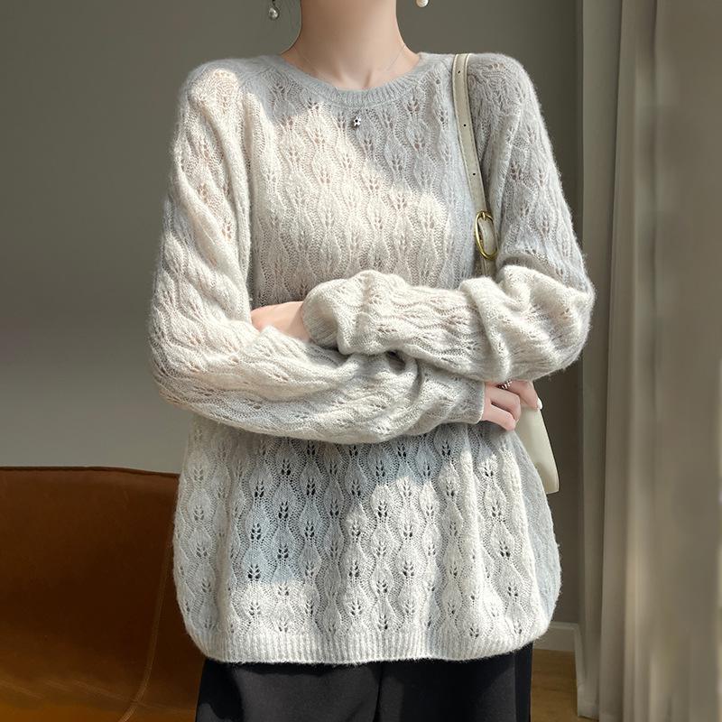 Crochet Hollow Knit Cashmere Sweater - Women's Autumn/Winter Round Neck Loose Fit
