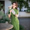 Retro national style long short-sleeved green cheongsam 1011 spring and summer new improved Chinese-style young cheongsam dress