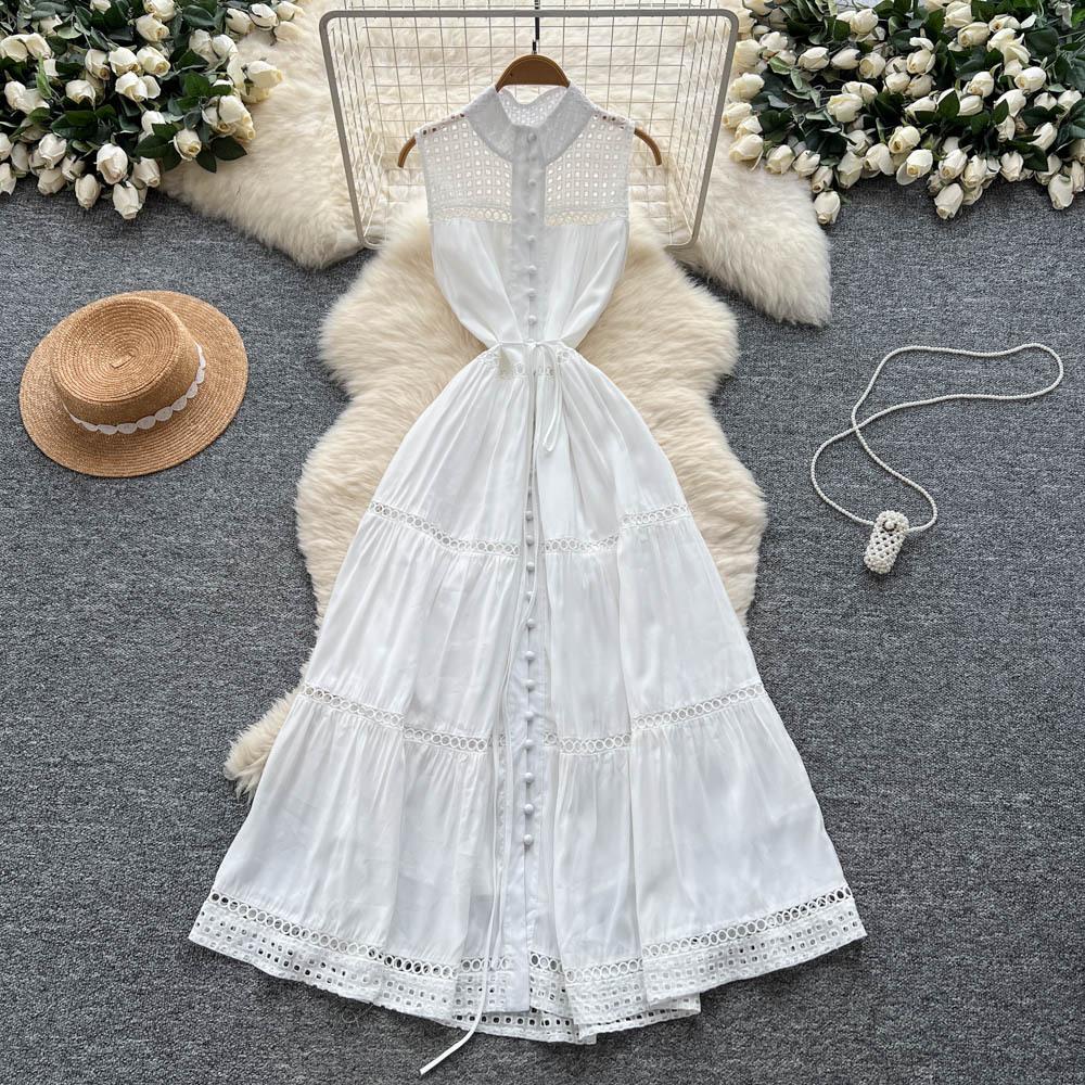 French high-end strap waist sleeveless hollowed-out embroidery waist dress women's summer thin temperament long skirt