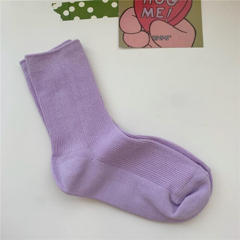 Bomull Ensfarvede Sokker for Kvinner, Høst Tynne Tynne Stripete Frotte-sokker for Kvinner, Midt-legg Sokker