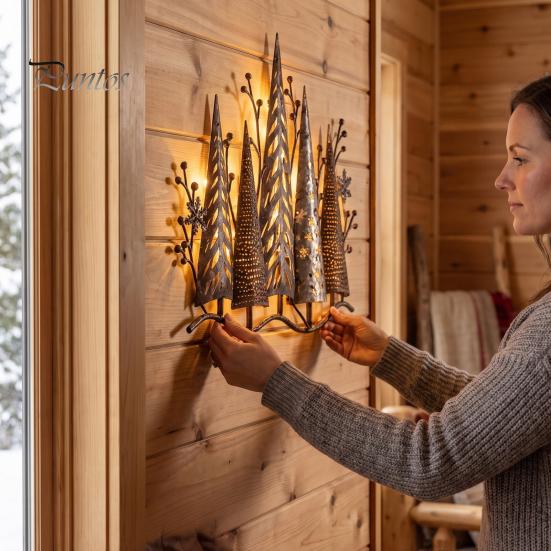Rustic Metal Wall Art Vintage Lighted Woodland Decor, Pine Forest Tree Outdoor Porch Sculpture with LED Lights for Farmhouse Cabin Winter Home
