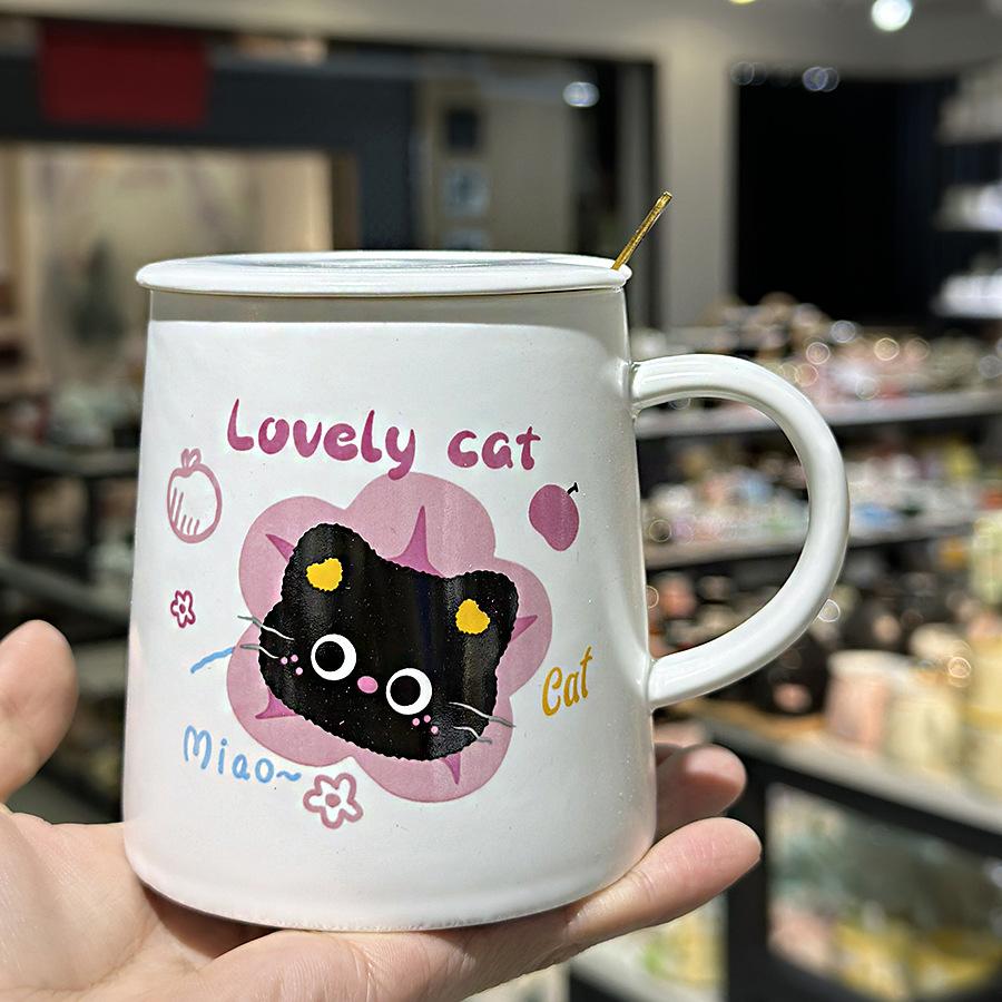Cute and Funny Princess Cat Ceramic Water Cup New Style for Girls Household Mug Milk Coffee Cup with Lid Spoon