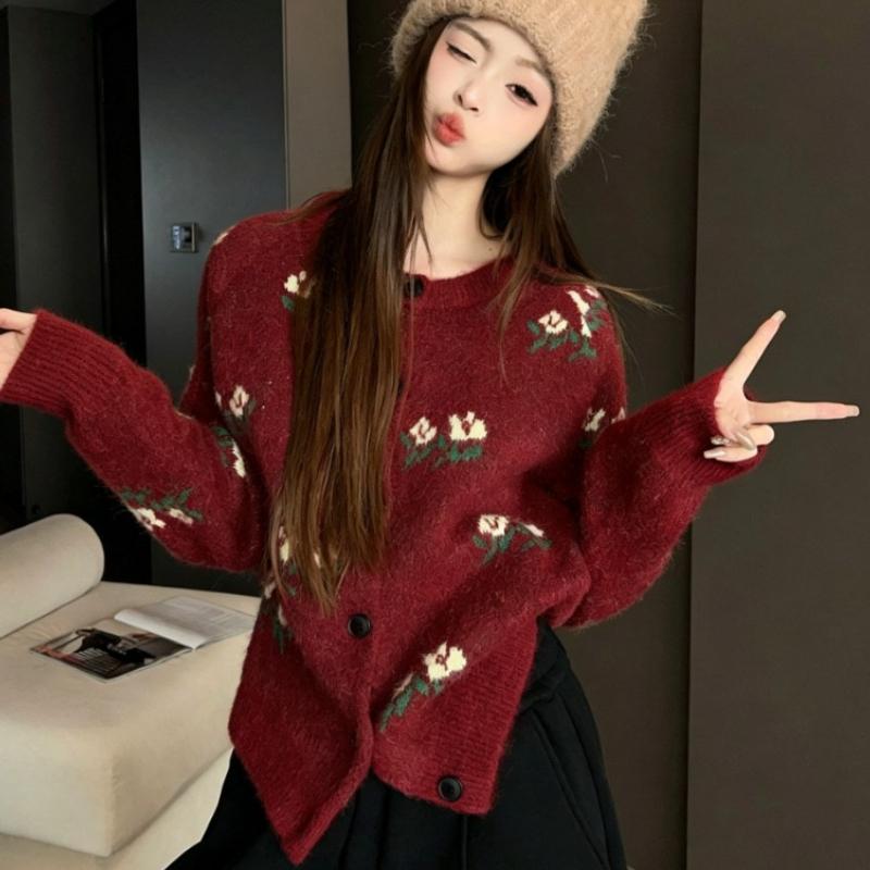 Blumendekoration Damenpullover Rundhalsausschnitt Einfarbig Langärmelig Cardigan Französischer Stil Herbst Neue Version Süßes Damenoberteil