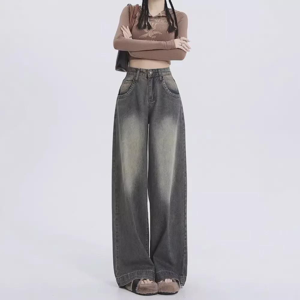 High-Waisted Retro Wide-Leg Jeans - Women's Straight-Leg Autumn Wash