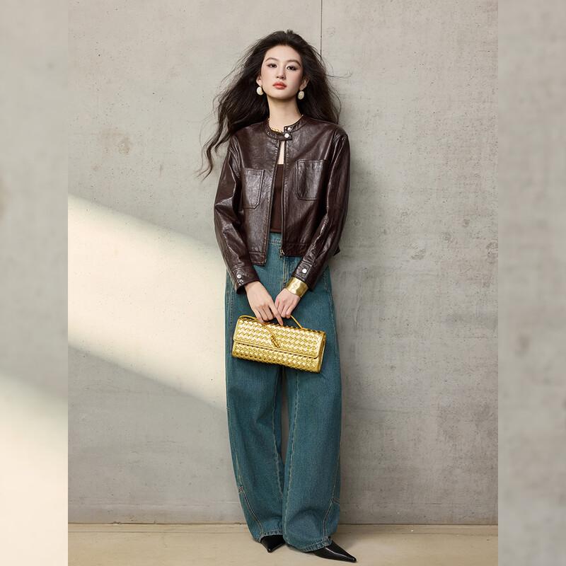 Bailuyu Motorcycle Style Genuine Leather Short Jacket