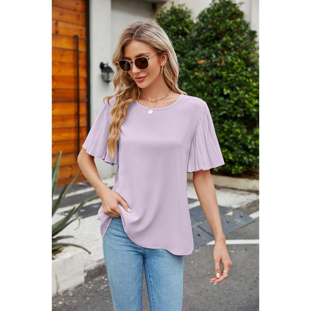 Flounce Sleeve Round Neck Top Ice Crinkle Fabric Women's Summer Fashion New Arrival for Crossborder America Europe