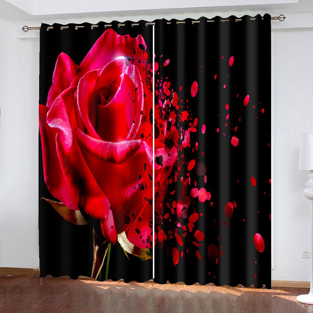 2 Panel Red Rose Pink Flower Curtains for Girls Bedroom Floor-to-ceiling Window Kitchen Shutters Window Semi Blackout Cortinas