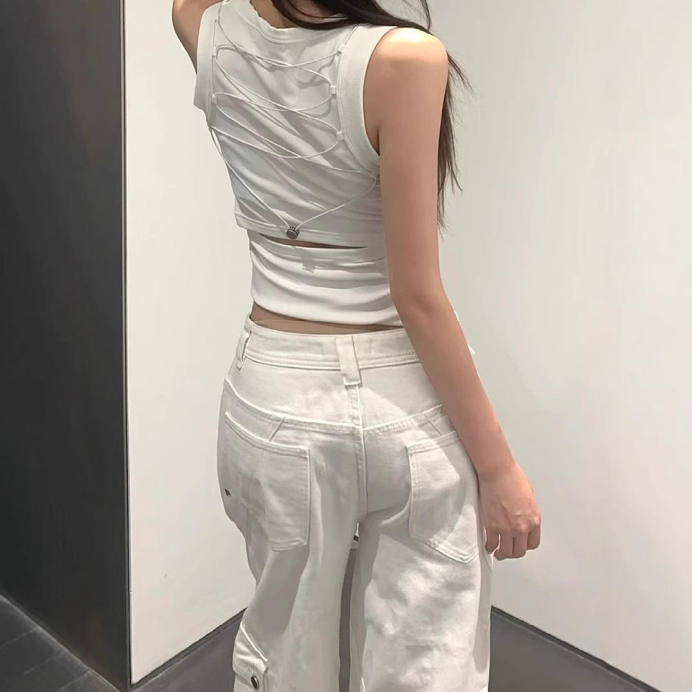 American vibe heavy industry design white tooling jeans women's autumn and winter high waist loose and thin wide leg floor pants