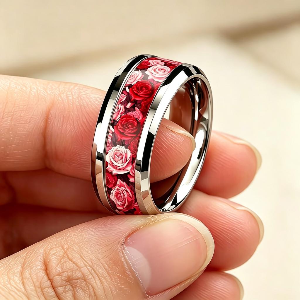 Romantic Red Pink Rose Pattern Rings, 8mm Stainless Steel Couple Rings For Men Women, Wedding Band Jewelry Valentine's Day Gift
