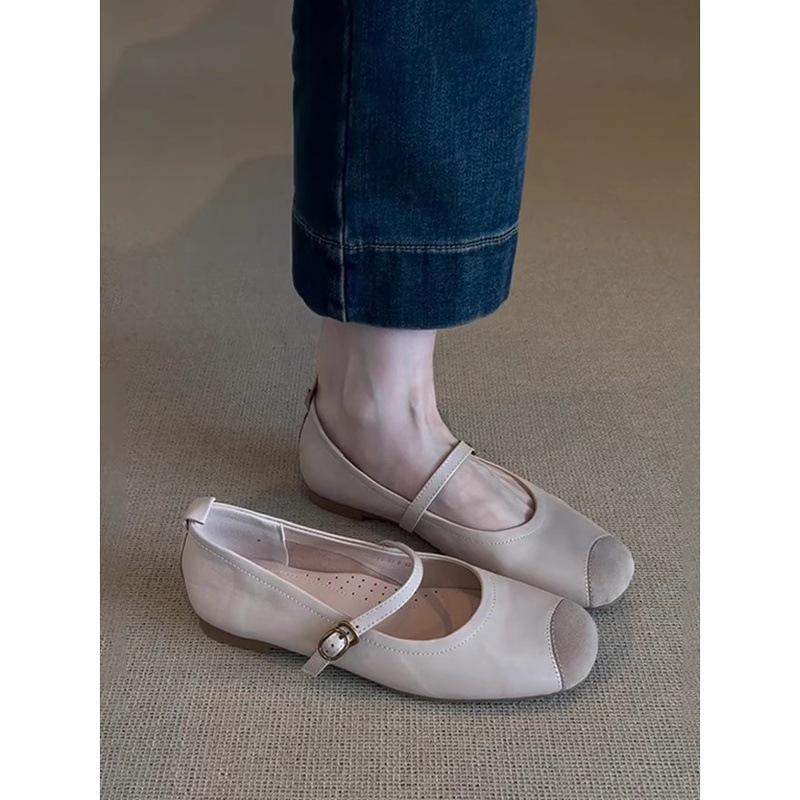 Sheepskin version~ retro soft-soled leather splicing one-word belt Mary Jane single shoes women's shallow commuter flat-soled ballet shoes