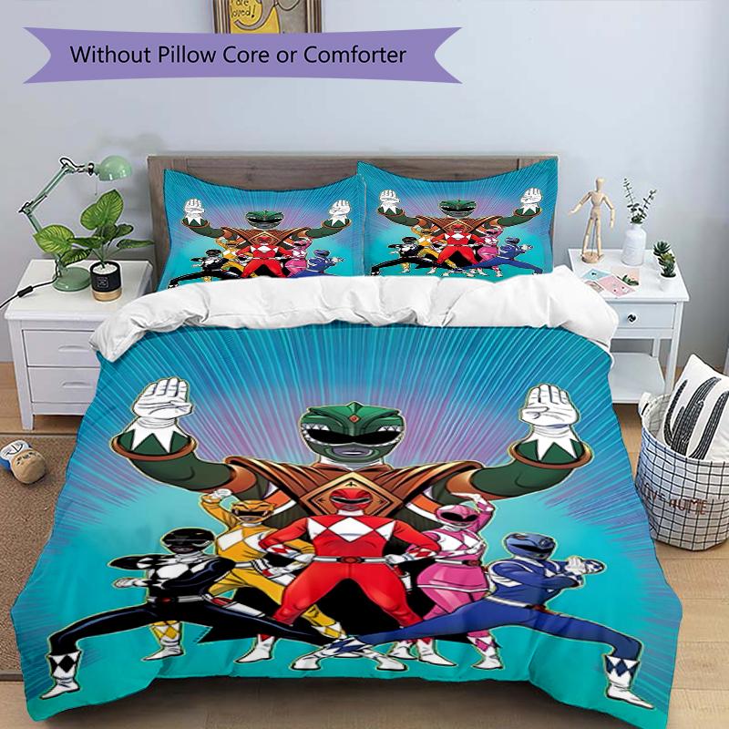 Parure de lit 3 pièces avec housse de couette (1*Housse de couette + 2*Taie d'oreiller, sans noyau),Ensemble de literie imprimé Mighty Morphin Power Rangers, Décor de chambre à coucher, Toutes saisons, Anniversaire