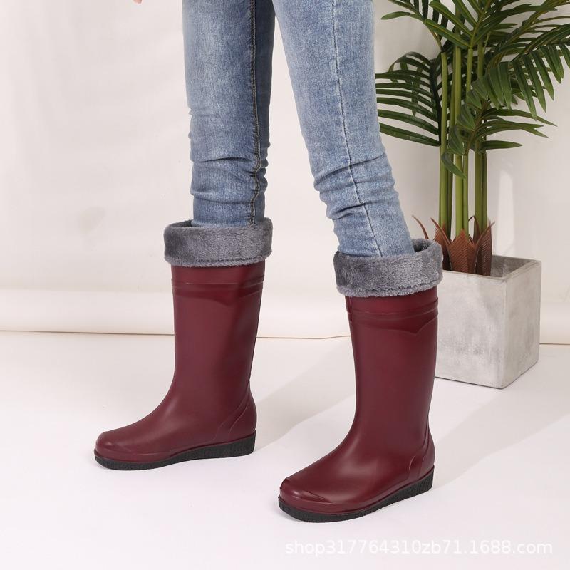 Fashion long rain shoes extra high rain boots women's velvet cotton flat-bottomed water shoes women's non-slip rubber shoes water boots matte