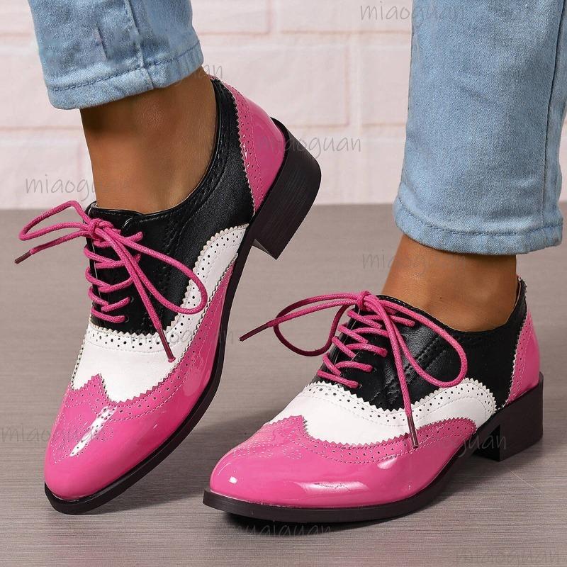 Renk Bloklu Düşük Üst Bağcıklı Ayakkabılar Kalın Orta Topuklu Günlük Elbise Ayakkabıları Kadınlar İçin Şık Kaymaz Moda Ayakkabıları İşe Gidiş