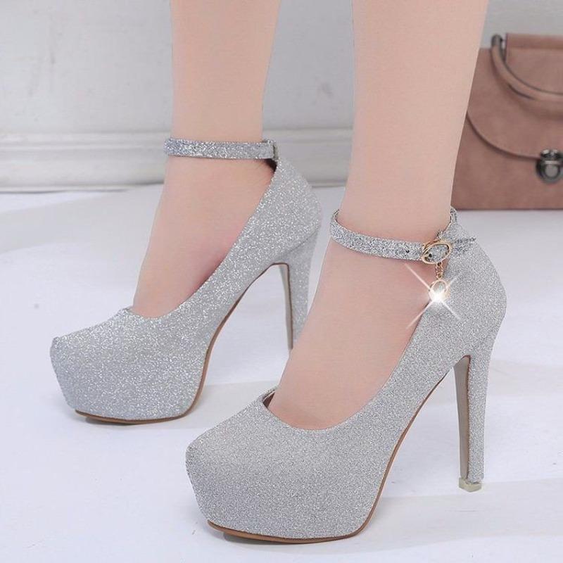New Style Waterproof Platform High Heels Thin Heel Silver Large Size Ultra High Heel Single Shoes for Women Show 2026