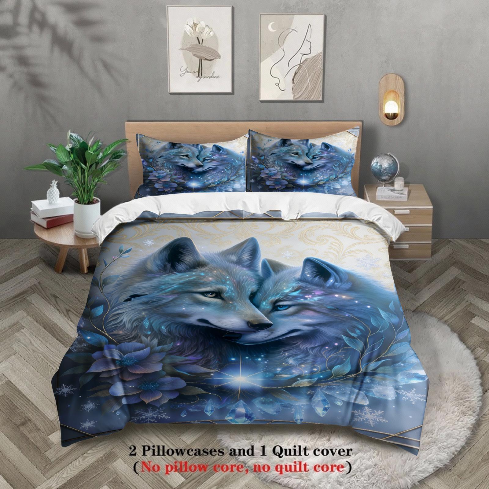 

Wolf Couple Bedding Set Blue Floral And Snowflake Print Duvet Cover Pillowcases Wrinkle-Free Fade-Resistant For Bedroom US Full(200x230cm)