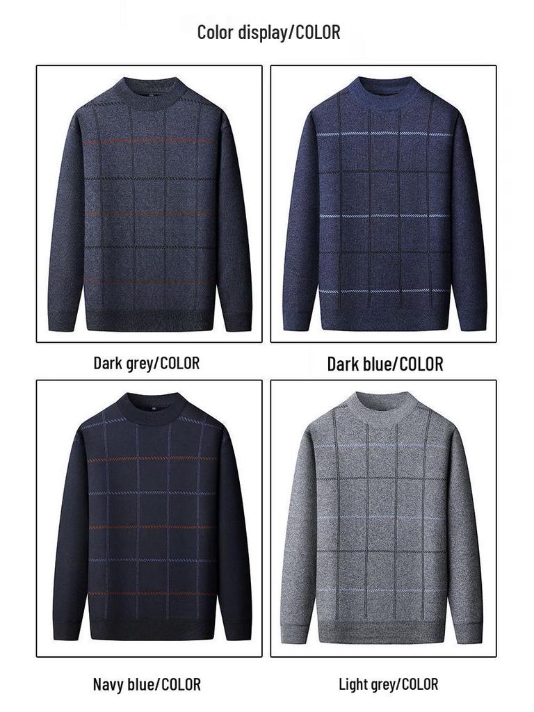 Warmer Herren-Pullover mit Karomuster und Plus-Samt für mittleres und älteres Alter (50er-60er Jahre) - Herbst/Winter Rundhals Basisschicht