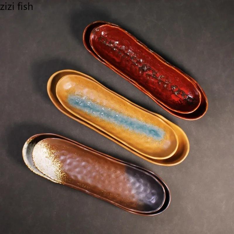 Retro Ceramic Sushi Plate Oval Dessert Plate Snack Plate Fish Plates Sashimi Plates Restaurant Molecular Cuisine Tableware