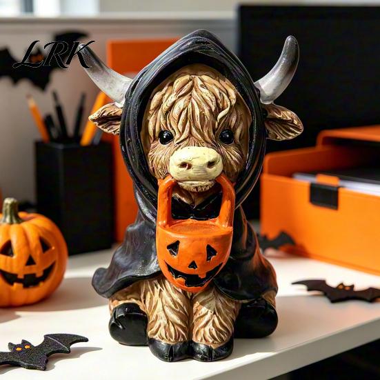 Whimsical Halloween Table Decor Highland Cow Statue Decor, Funny Resin Ghost Figurine for Home Mantel Decorations Office Tiered Tray Desk Shelf
