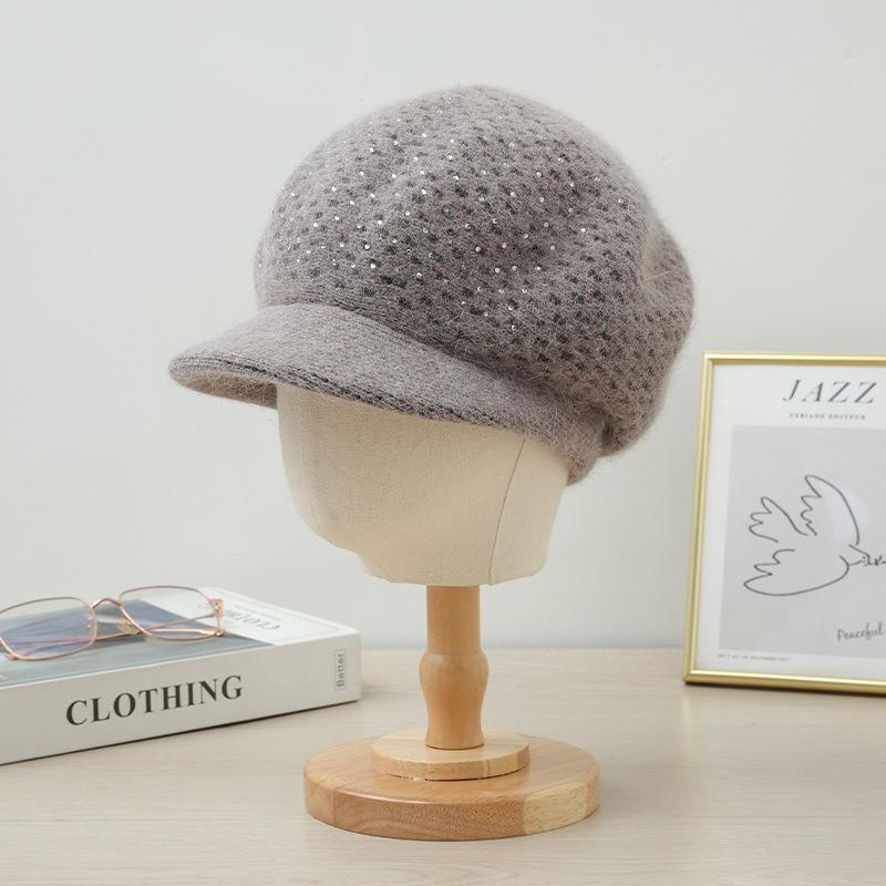 Autumn and Winter Casual Bright Diamond Rabbit Hair Mother Hat Versatile Plus Velvet Thickened Cold Proof Duck Tongue Cap Can Scarf Warm Set New
