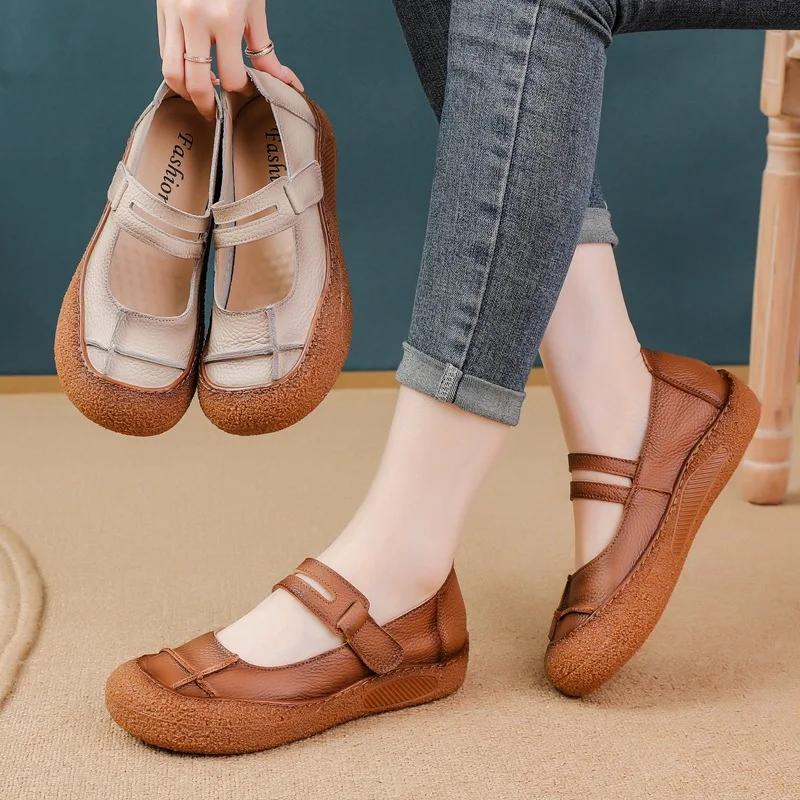 Fashion Women’s Genuine Leather Comfort Flats Hollow Mary Jane Shoes Fashion Lightweight Soft Hook Loop Nurse Shoes Woman Strap Moccasin