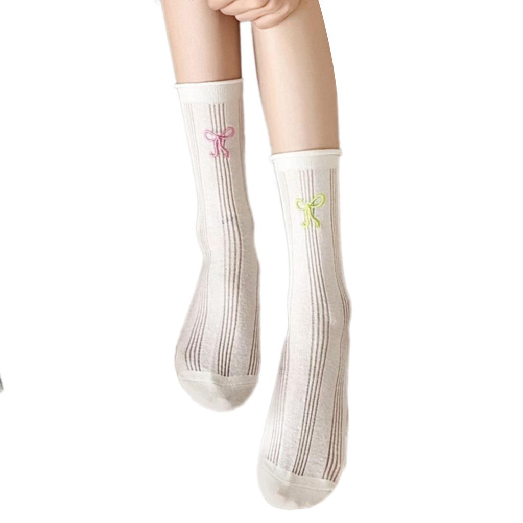 Sophisticated Ladies' Ankle Socks with Embroidery Colorful Bows Stretchable Cotton Fabric Middle Tube Calf Socks Hosiery