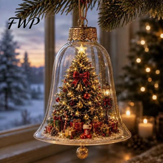 Clear Acrylic Christmas Ornaments 3D Bell Ornament, Winter Scene Decoration with Santa Immersive Wonderland Snowman Reindeer Angel Tree Inside