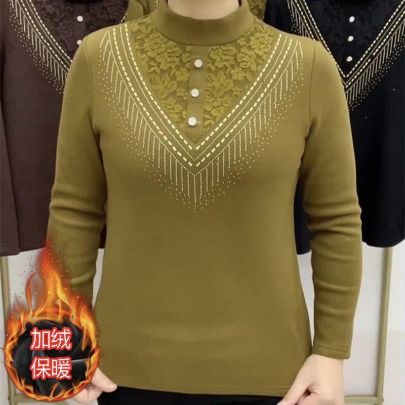 

2025 осень и зима новая одежда для среднего возраста бархат утолщенный немецкий бархат кружевная вставка универсальная базовая рубашка женская M жёлтый