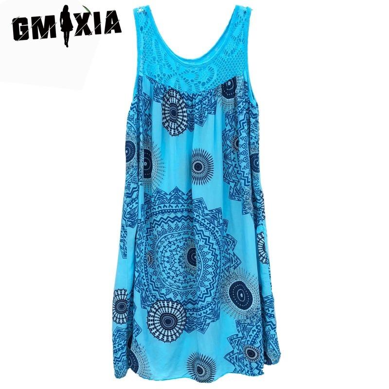 GMXIA Women's Fashion Summer Spring Solid Color Print Sleeveless O-Neck High Waist Casual Dresses