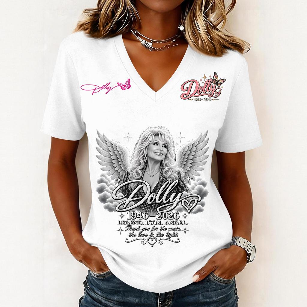 Women's Fashion Casual Letter Print V-Neck Short Sleeve Pullover Top