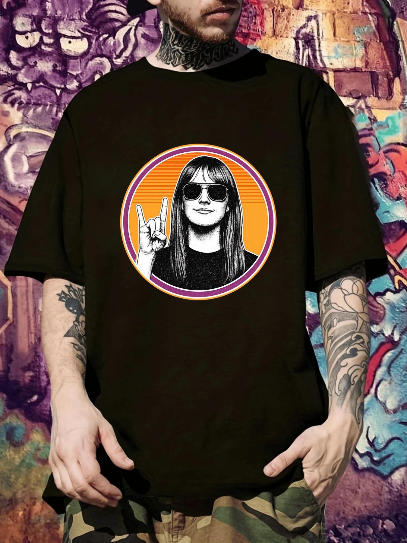 Rock On Hand Gesture Graphic T-shirt - Black Band Tee with Orange Background L